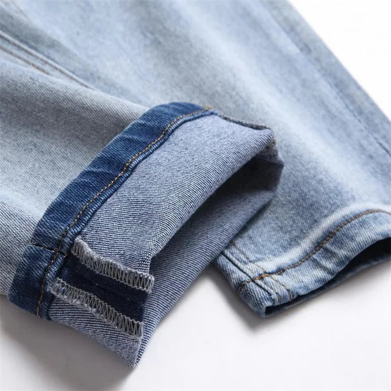 Men's Embroidered Jeans Rainbow Square Cloth Pure Cotton Stretch Slim Pants Scraped White Wearable High Street Color Patch 2025
