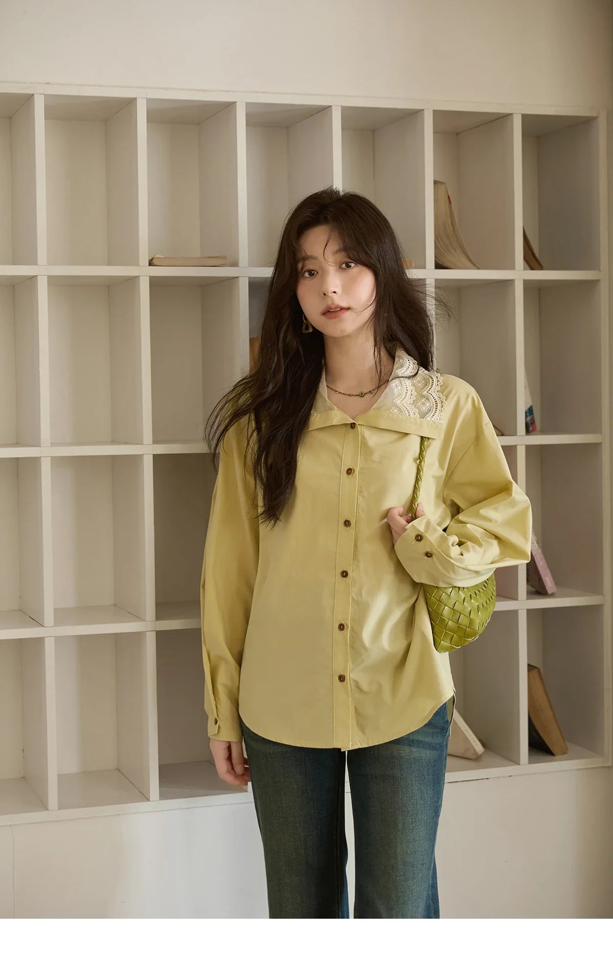Autumn Solid Cotton Shirt Autumn V-neck Double-layer Lace Retro Design Shirts Single Breasted Tops Office Lady MXE41C2366