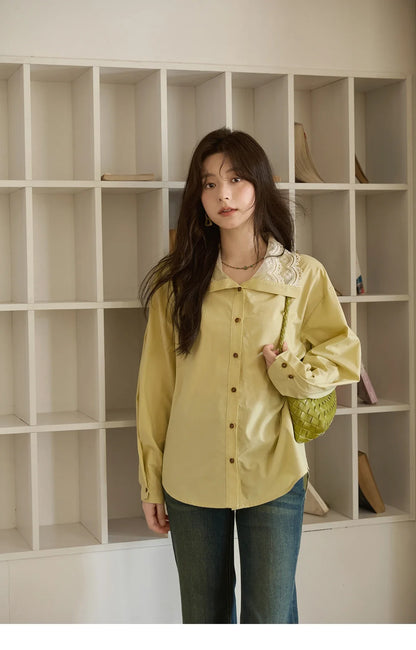 Autumn Solid Cotton Shirt Autumn V-neck Double-layer Lace Retro Design Shirts Single Breasted Tops Office Lady MXE41C2366
