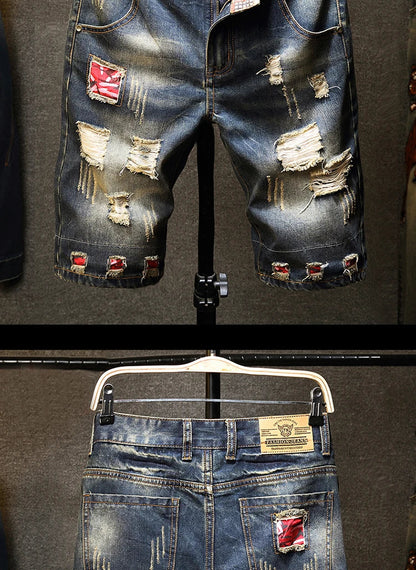 New in Ripped Shorts Men's Summer Fashion Hip Hop Vintage Short Jeans Slim High Street Hole Knee Long Pants Male