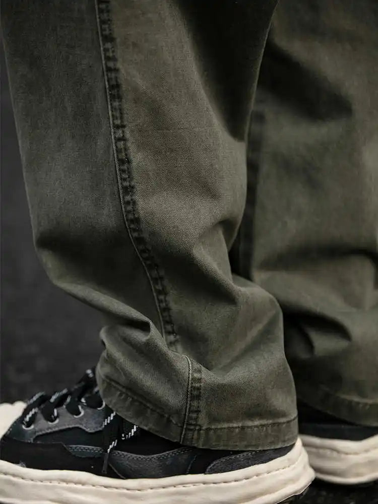 Spring Summer Cargo Pants Men Cotton Enzyme Wash Distressed Loose Fit Straight Leg Khaki Drawstring Elastic Waist Casual Pants