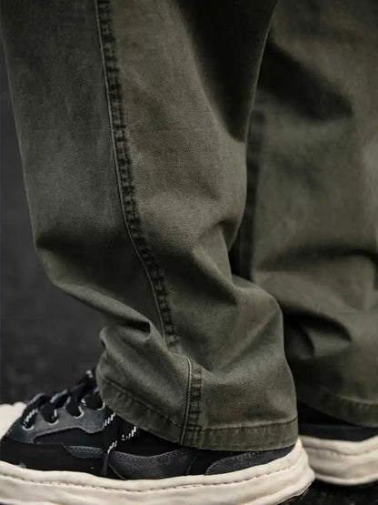 Spring Summer Cargo Pants Men Cotton Enzyme Wash Distressed Loose Fit Straight Leg Khaki Drawstring Elastic Waist Casual Pants
