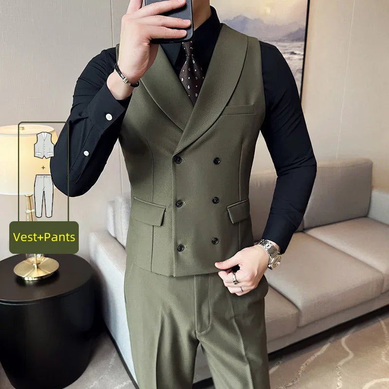 Men Luxury Double Breasted Design Solid Vest Formal Groom Wedding Dress Suit Vest Set Fashion Mens Club Singer Clothing 6XL-M