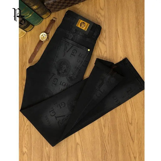 Spring and Autumn Korean Slim Jeans for Men 2025 High-end Luxury Clothing Black Printing Mid-waist Stretch Casual Pencil Pants