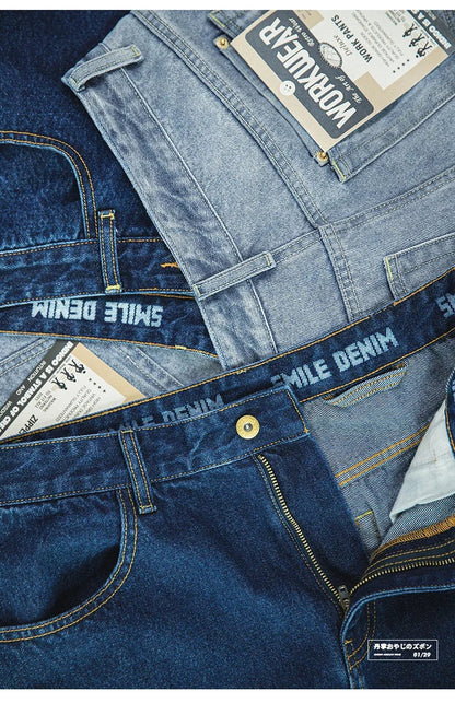 Men Vintage Washed Denim Jeans 12.8 OZ Straight Dark Blue Loose Casual Wide Leg Pants Male Streetwear Blue Jeans Trousers
