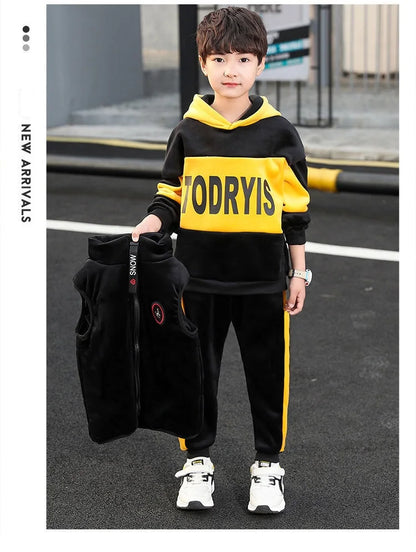 Winter Boys Warm Fleece Lined Zip Waistcoat+Sweatshirt+Sweatpant Sets School Kids 3PCS Tracksuit Children Workout Outfit 5-14Yrs