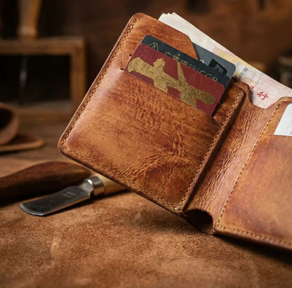 Ultra-Durable Men's Leather Short Wallet, Scratch-Resistant Hand-Rubbed Top Grain Leather Card Holder, Minimalist Travel Wallet