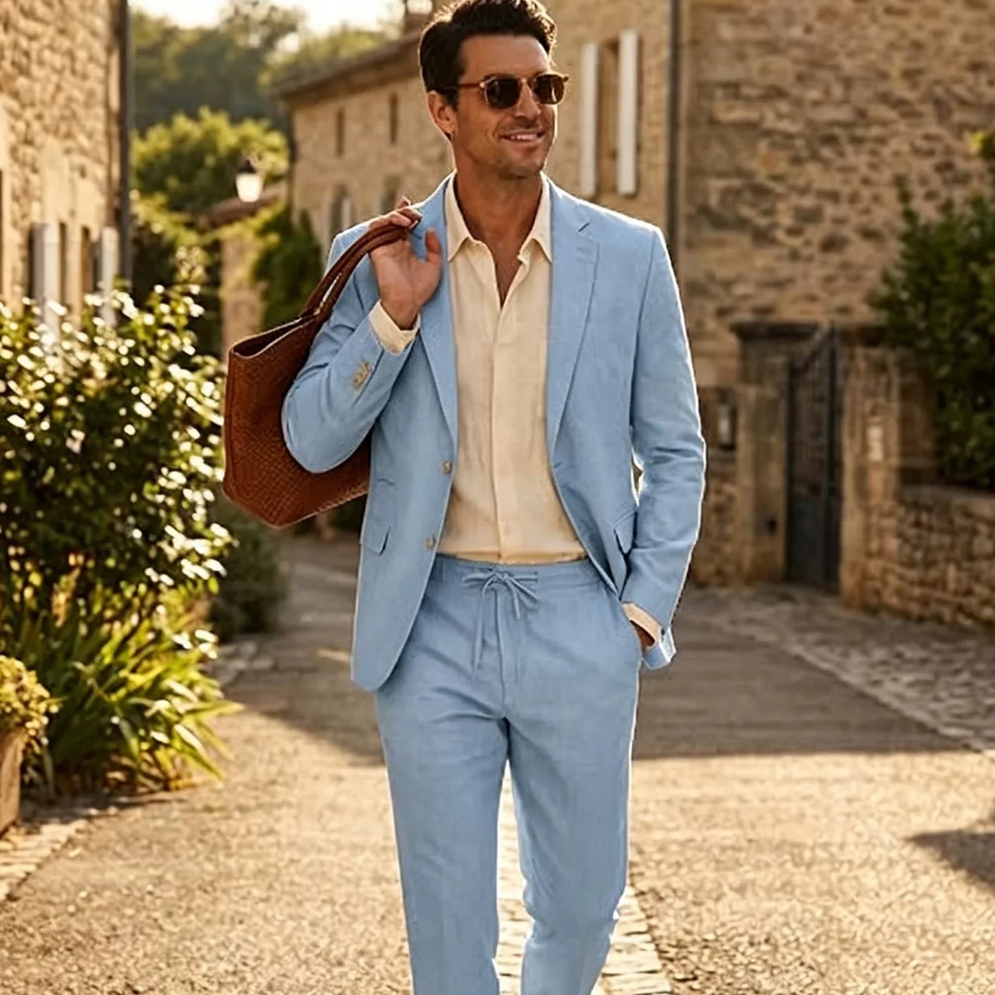 Men's Linen Suit 2 Piece Set Blazer & Drawstring Pants Business Casual Suit Jacket Trousers Summer Beach Wedding Formal Outfit