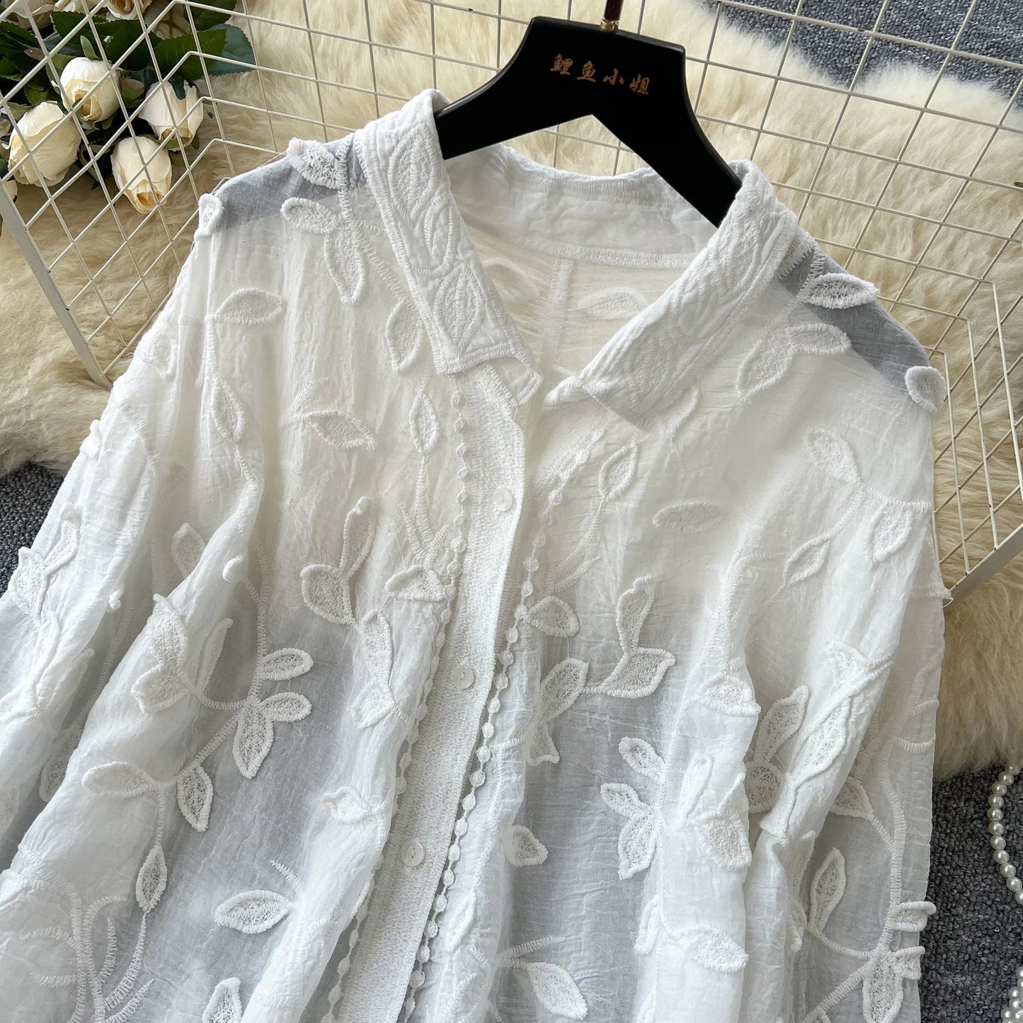 2025 Spring Gentle Women Blouse Leaves Embroidery Single Breasted Long Sleeves Summer Thin Streetwear Casual Shirt