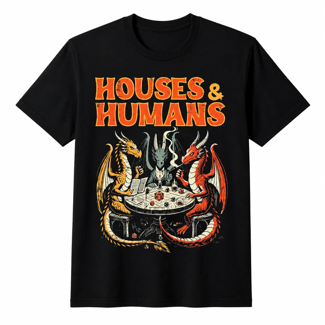 Men's fun "Dungeons and Dragons" inspired T-shirt Houses and humans spoof game player tops with dragons and wizards