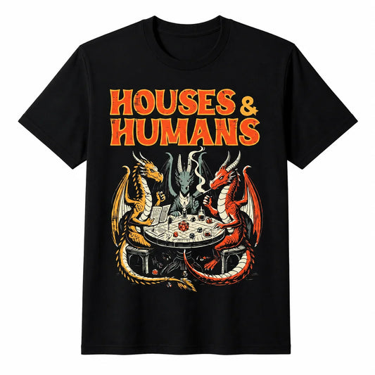 Men's fun "Dungeons and Dragons" inspired T-shirt Houses and humans spoof game player tops with dragons and wizards