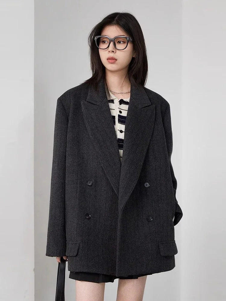 Women Woolen Blazer Loose Vintage V Neck Female Jacket Suit Double Breasted Office Ladies Coat Spring Autumn 2025