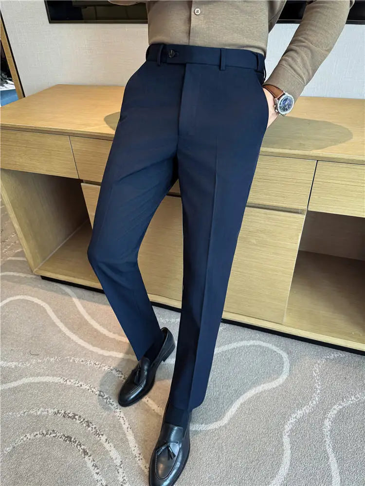High Quality Pinstripe Slim Fit Suit Pant Men Stretchable Elastic Waist Slim Fit Business Social Wedding Party Casual Trousers