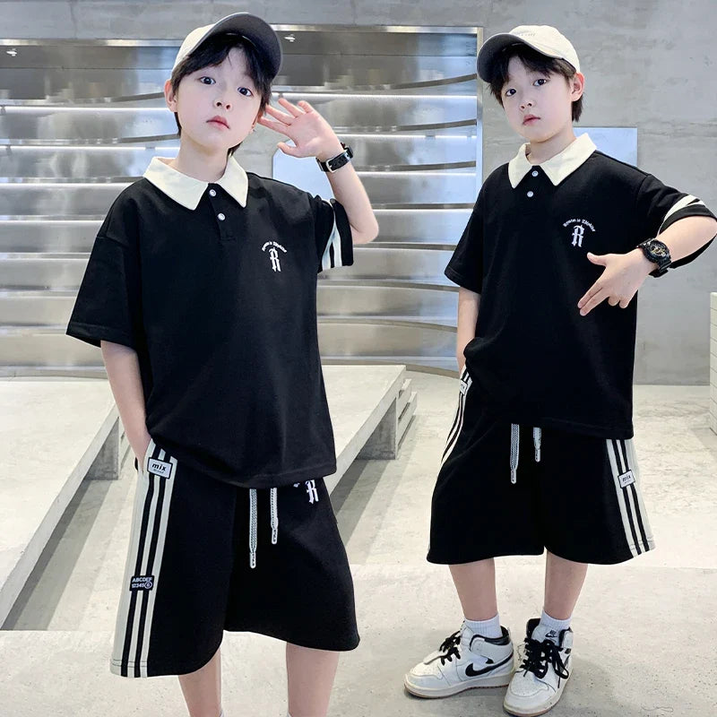 Boys Set Summer Children Clothing Korean Style Costumes Cotton Polo Shirt Shorts 2pcs Kids Casual Outfits Tracksuit Age 5-14 Y