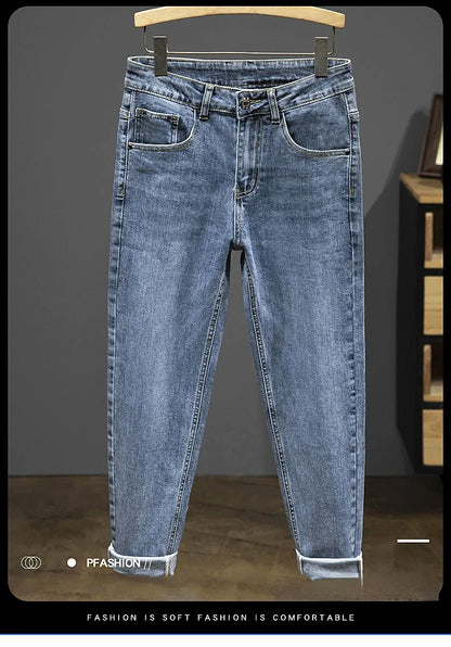 Nine-Point Pants Men's 2025 New Spring Autumn Fashion Casual Denim Trousers Cotton Slim Jeans  Blue Male Clothing Brand Clothing