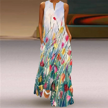 Vintage Print Maxi Dress For Women Summer Loose Sleeveless Long Dresses Elegant Lady V Neck Pocket Boho Beach Sundress Vestidos
