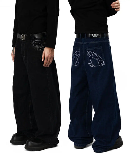 90s Retro Street Embroidery Jeans Male  R&B Solid Color Loose Straight Pants Female Y2K Harajuku Hip Hop  Punk Style  Men Jeans