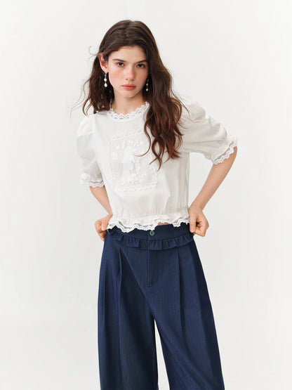 French Retro Puff Short Sleeve Round Neck Blouse for Women Summer Elegant Ins Chic Cropped Tops Cotton White