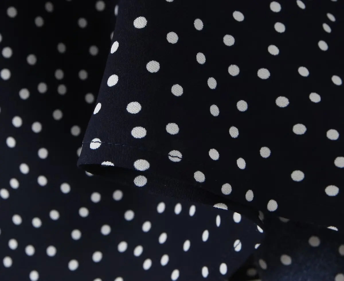 2025 Women Navy Blue Polka Dot Long Dress Lace Trim V Neck Short Sleeve A-line Elegant Holiday Dresses Summe Maxi Robe