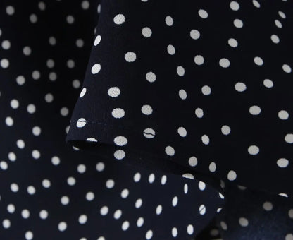 2025 Women Navy Blue Polka Dot Long Dress Lace Trim V Neck Short Sleeve A-line Elegant Holiday Dresses Summe Maxi Robe