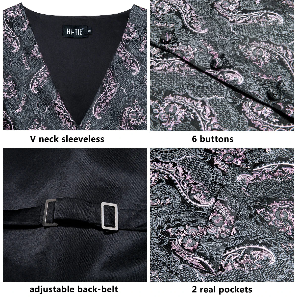 High Quality Silk Mens Vests Pink Gray Floral Waistcoat Tie Hanky Cufflinks Brooch Set for Men Suit Wedding Office Gift