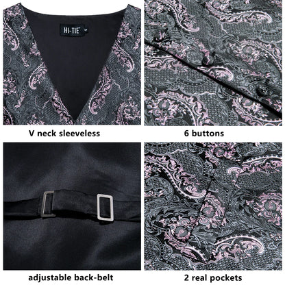 High Quality Silk Mens Vests Pink Gray Floral Waistcoat Tie Hanky Cufflinks Brooch Set for Men Suit Wedding Office Gift