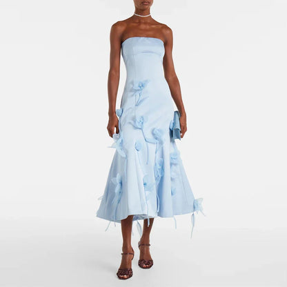 Modern Women's Evening Gown Mermaid Tea Length Formal Wedding Party Dress Strapless Saudi Dress With Flowers Prom Dress