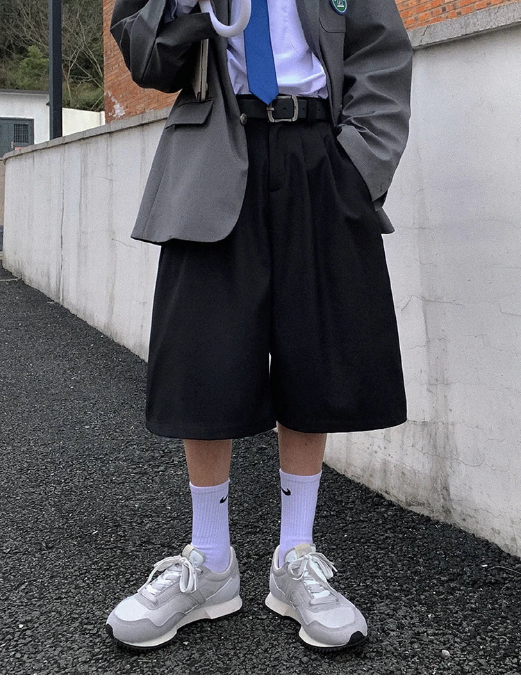 Spring Summer Loose Casual Soft Black Pleated Shorts for Men Mens with High Waist Short Straight Pants Clothes 2024