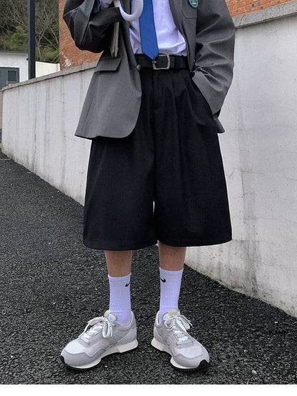 Spring Summer Loose Casual Soft Black Pleated Shorts for Men Mens with High Waist Short Straight Pants Clothes 2024