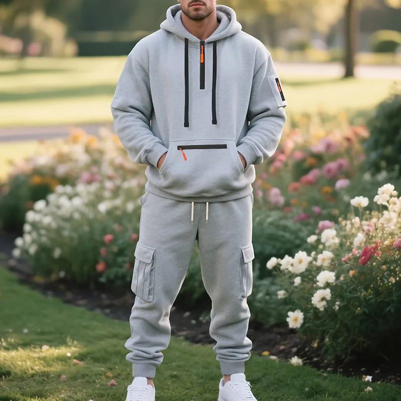 Men's sports suit style autumn and winter fleece men's casual sportswear zipper sweater multi-pocket work pants suit