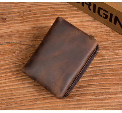 Handmade crazy horse leather wallet retro vertical zipper wallet first layer cowhide simple old wallet man
