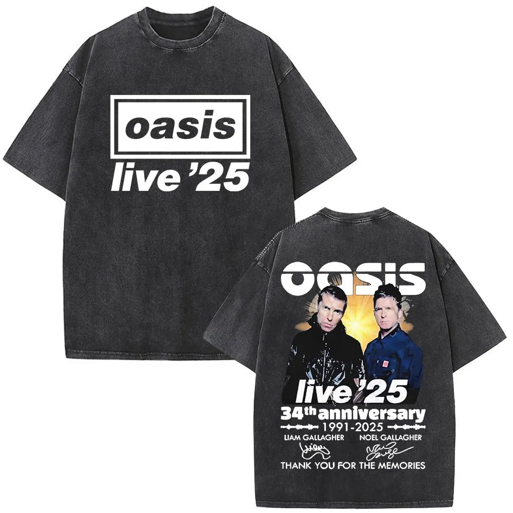 O-Oasis T-Shirts British Rock Band Vintage Washed T-shirt Men Women Clothing Cotton Casual Short Sleeve T Shirts Tops Streetwear