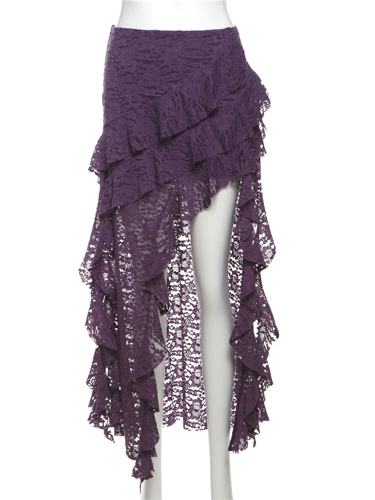 Women Tassel Skirt Irregular Hem Multi Layered Ruffles Lace Patchwork Sweet Summer Daily Wear Skinny Versatile Purple Skirt