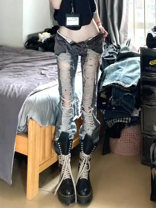 Women Goblin Core Harajuku Abi Y2K Flare Denim Pants Cyber Punk Long Trousers Slim Grunge Goth Baddie Trumpet Pants Y2k Japanese