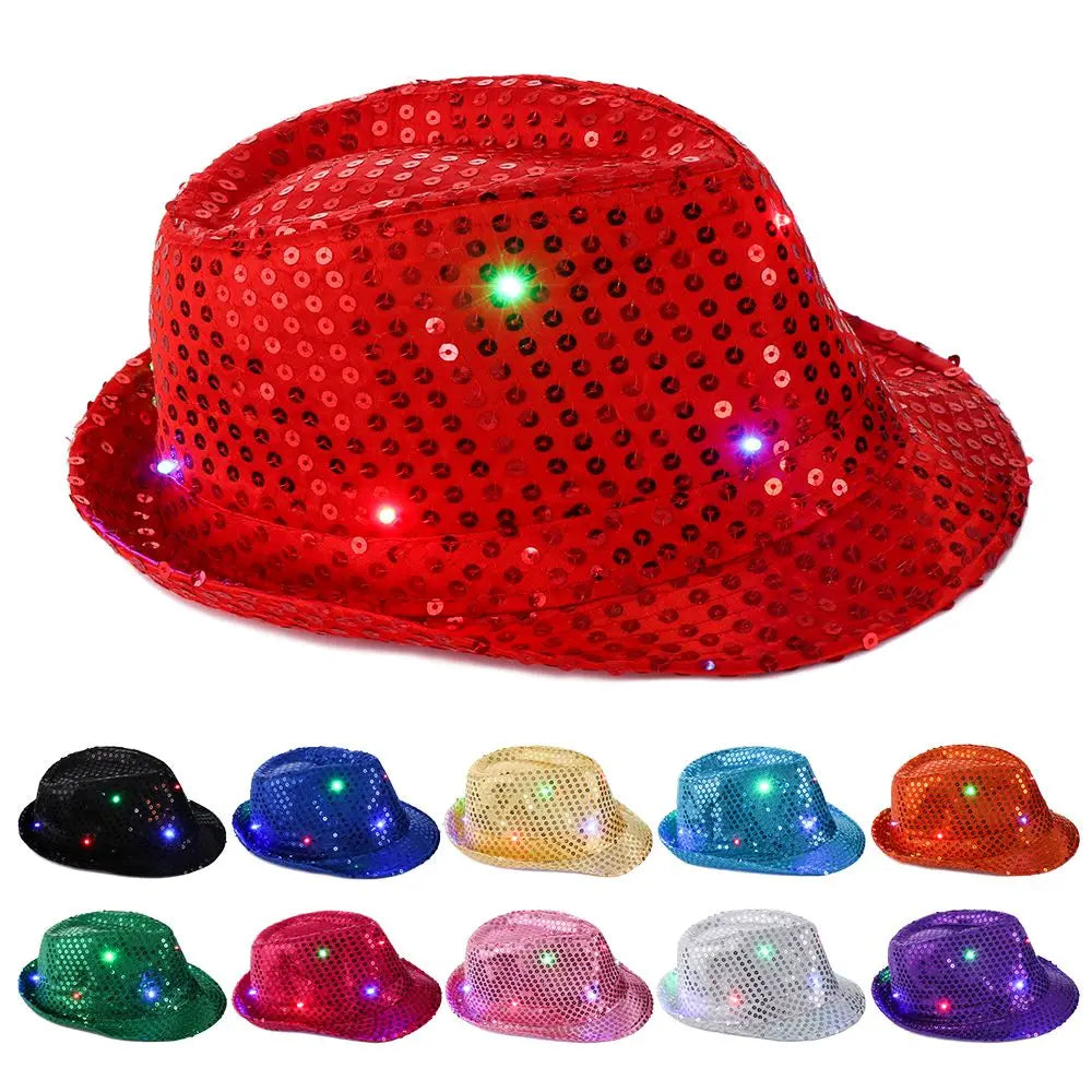 Unisex Light Up Flashing Led Fedora Trilby Jazz Hat Panama Cap Sequin