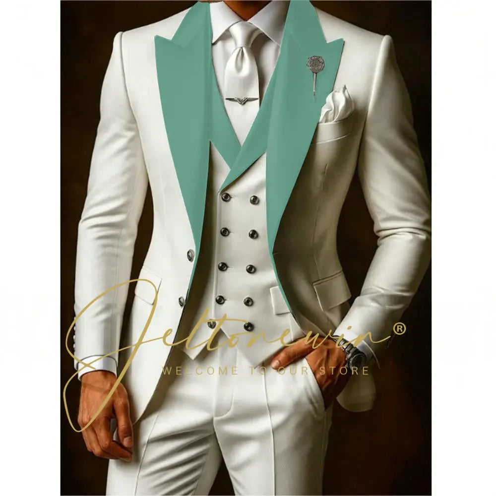 White Suits Set For Men Wedding Party Fashion Blazer Vest Pants Formal Groomsmen Tailor-made Male High Quality Groom Tuxedos