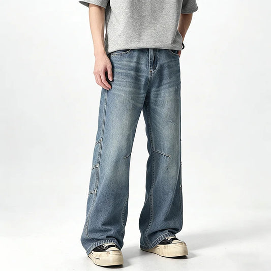 Japanese And Korean Retro Straight Leg Jeans With Loose Fit Men'S Workwear Wide Leg Pants High Street Casual Curved Knife Pants