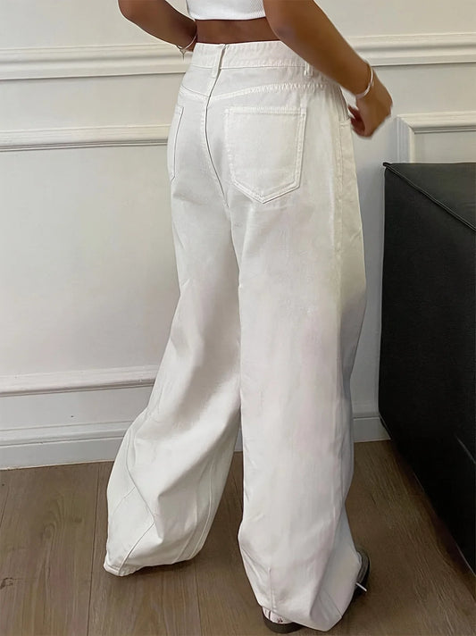 New Spring/Summer 2026 women's loose wide - leg solid - colored jeans, casual and versatile jeans with pleat details