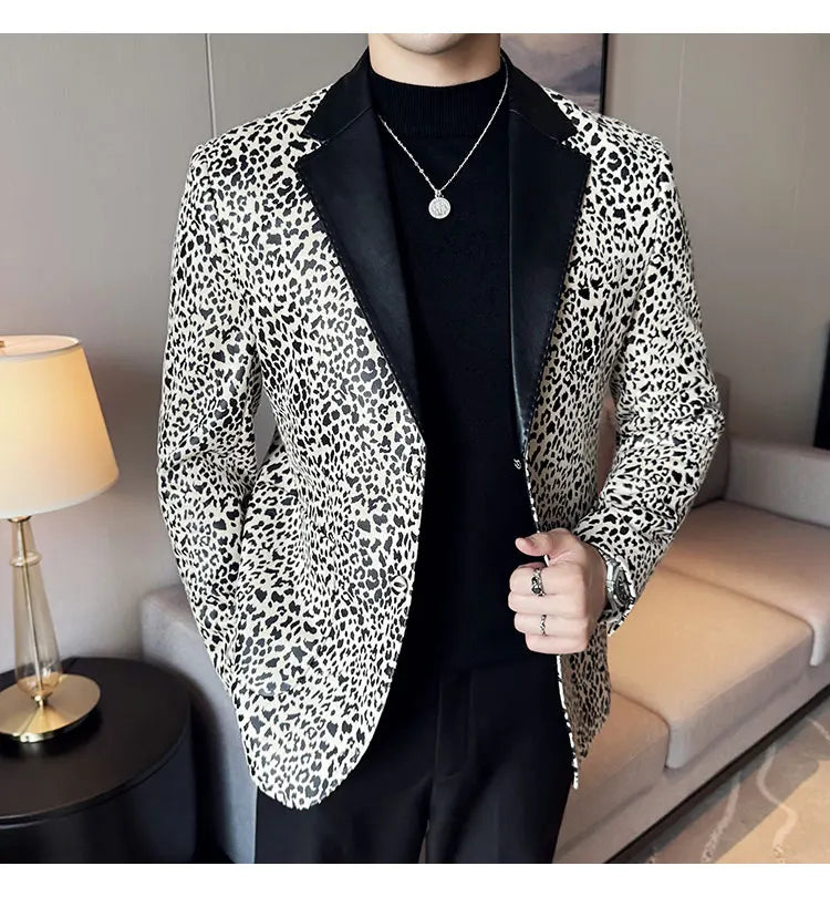Splicing Leather Neck Casual Suit Jacket Fashion Leopard Men's Business Slim Fit Social Formal Blazers Wedding Groom Tuxedos