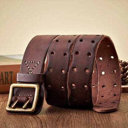 Thick Original Leather Belt Vintage Men Wide Belt Male Cowhide Real Genuine Leather Double Prong Buckle Strap Cowboy Jeans Belt