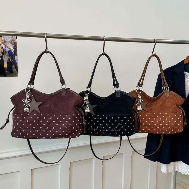 Vintage Frosted Tote Bag Casual Students Purse Large Capacity Shoulder Bag Polka Dot Drawstring Zipper Handbag With Star Pendant