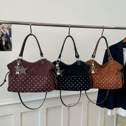 Vintage Frosted Tote Bag Casual Students Purse Large Capacity Shoulder Bag Polka Dot Drawstring Zipper Handbag With Star Pendant