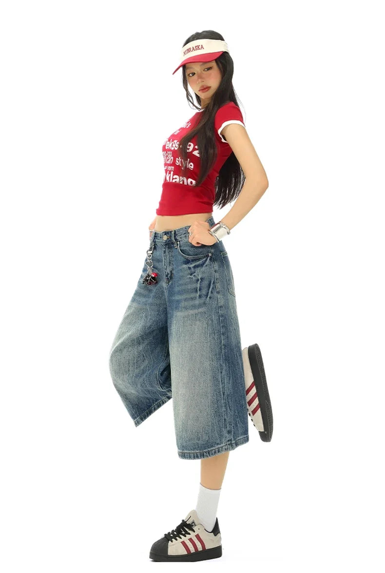 Vintage Washed Loose Straight Leg Denim Capri Men Women Lightning Print Streetwear Shorts