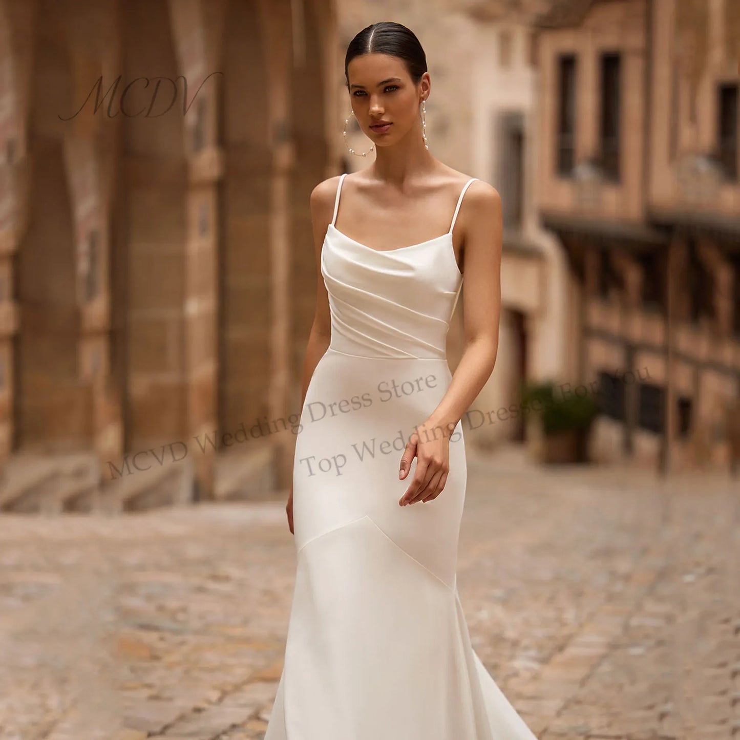 Customized Elegant Long Spaghetti Crepe Wedding Dresses Mermaid Pleated Vestido de novia Buttons Zipper Back Bridal Gowns 2026