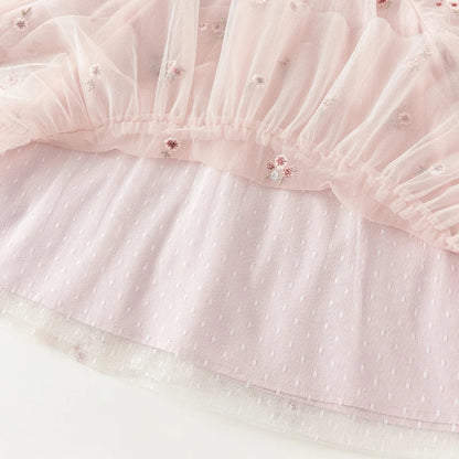 Mesh Floral Princess Dress Girls Baby Children 2025 New Autumn Sweet Charm Pink Fashion Long Sleeved Dress DB3242681