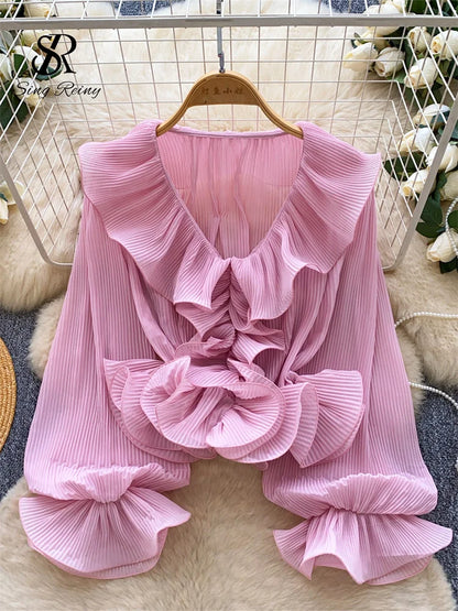 Ruffles Pleated Romantic Tops Thin Spring Summer V Neck French Elegant Blouse Fairycore Flowy Office Lady Luxury Shirt