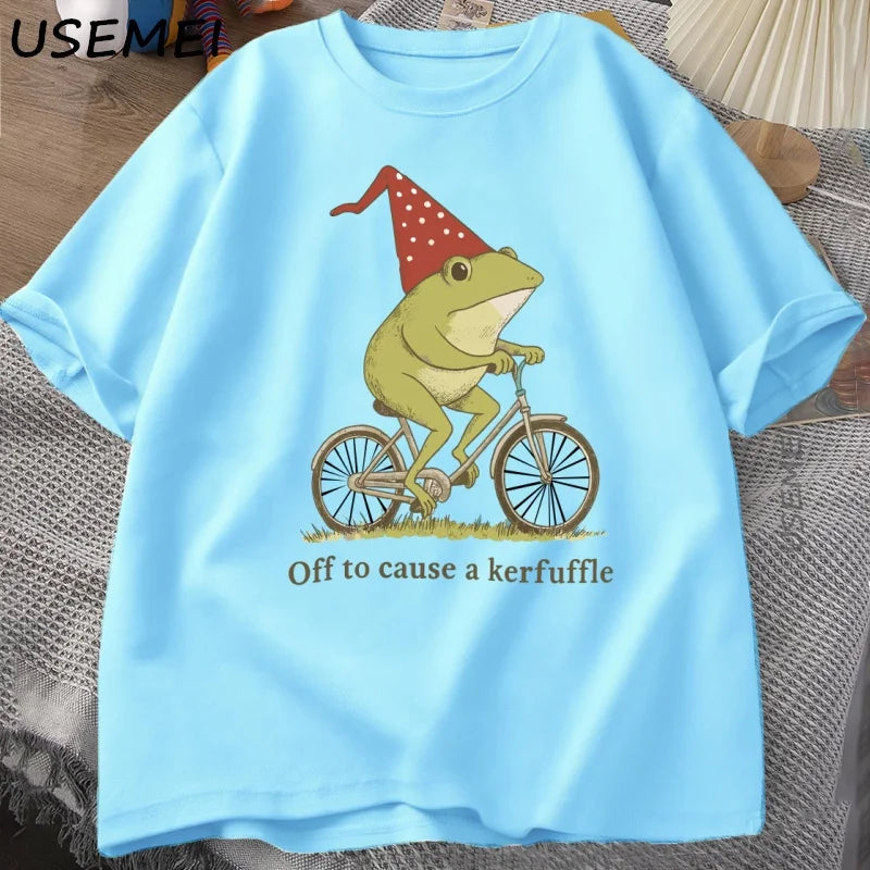 Off To Cause A Kerfuffle Frog T-Shirt Funny Weirdcore Sayings Unique Tshirt Adults Joker Men Women Graphic Tee Male Summer Tops