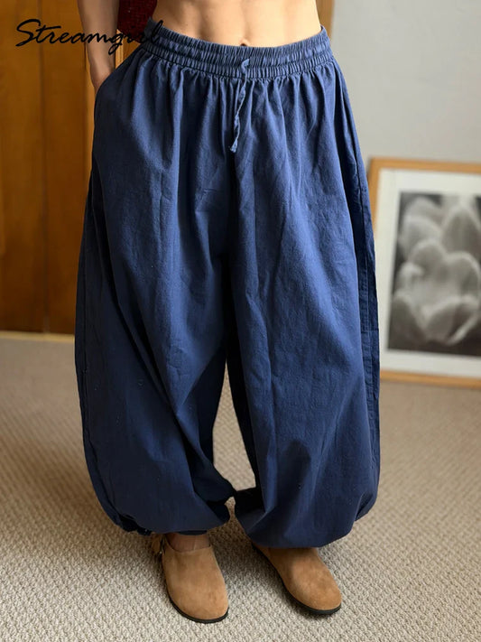 Summer Cotton Oversized Pants For Women Blue Baggy Aladdin Trousers Elastic Bloomers Navy Blue Cropped Lantern Harem Pants Woman