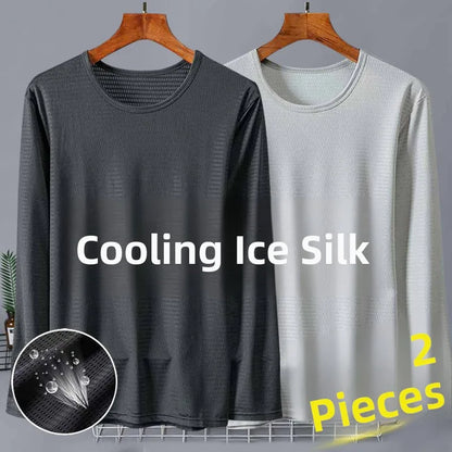 New 2025 Men's Ice Silk Breathable Sun Protection Hollow out Thin Long Sleeve Casual Sports T-Shirt Large Size Loose Fit
