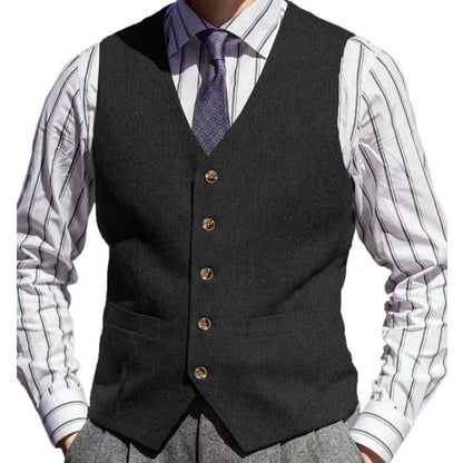 Men Vest Brown Herringbone Solid Color V Neck Waistcoat For Wedding Business Banquet Work Formal Daily Casual Men Suit Vest